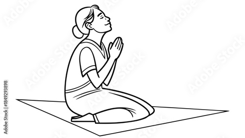 Woman kneeling in prayer or meditation, hands clasped, eyes closed. Spiritual devotion and peaceful contemplation.