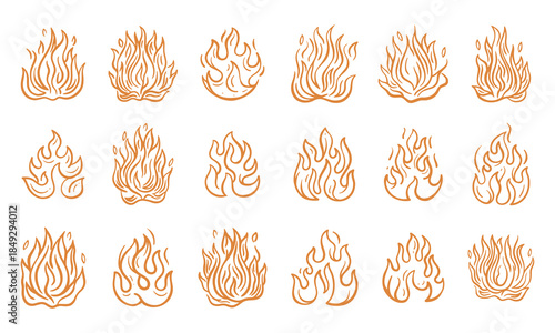 Hand Drawn Flame Icons Set in Orange Outline Style