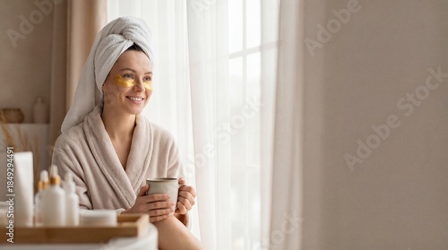 Portrait of a woman with under eye patches and towel on head, enjoying morning coffee at home. Skincare and beauty routine concept.