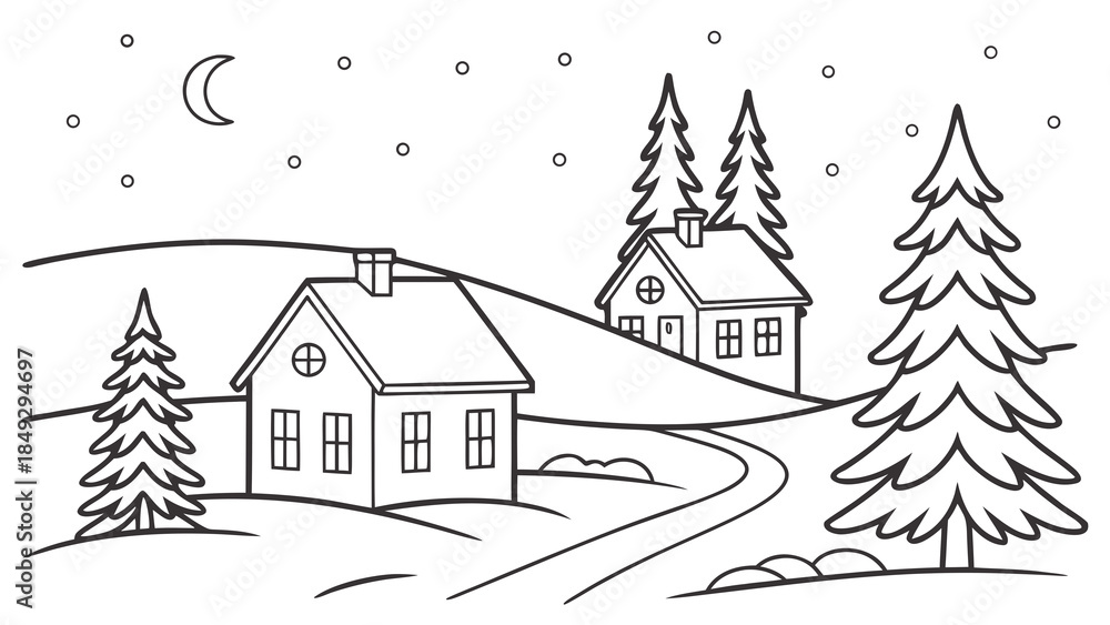 Obraz premium Snowy Winter Village Landscape Coloring Page. Simple line art illustration with houses, evergreen trees, path, and crescent moon.