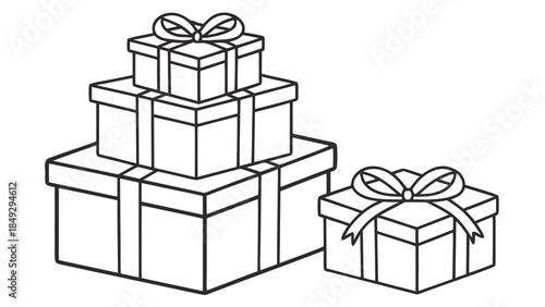 Outline drawing of stacked and individual gift boxes with bows. Simple line art for holidays, birthdays, and celebrations.