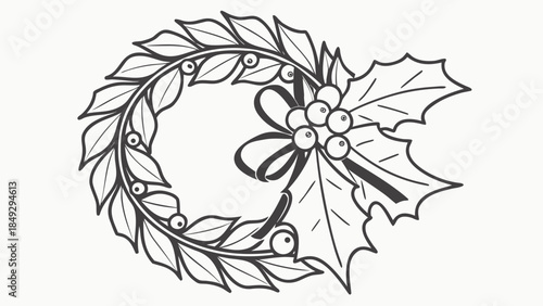 Traditional Christmas wreath line art with holly, berries, and a bow. Festive holiday season decoration vector illustration.
