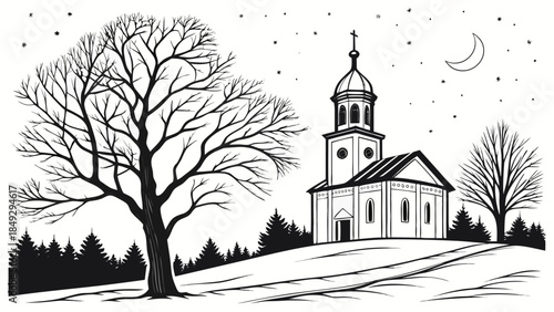 Black and white illustration of a church on a snowy hill with a bare tree, crescent moon, and stars on a winter night.