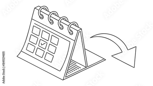 Desk Calendar with Checkmark and Progress Arrow Line Art