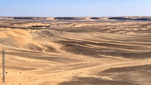A view from the center of the Richat structure in Mauritania. The desert can be seen and, in the distance, Madame Monod's oasis.