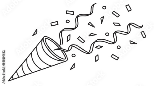 Exploding Party Popper with Confetti and Streamers Line Art Icon