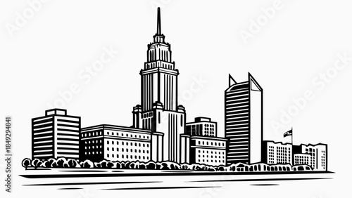 Urban City Skyline Illustration in Black and White. Modern Cityscape with Skyscrapers, Buildings, and Waterfront Line Art