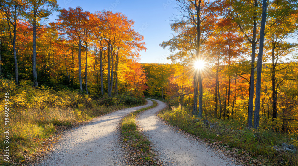 Fototapeta premium Autumn forest path with golden leaves and warm sunburst lighting winding dirt road