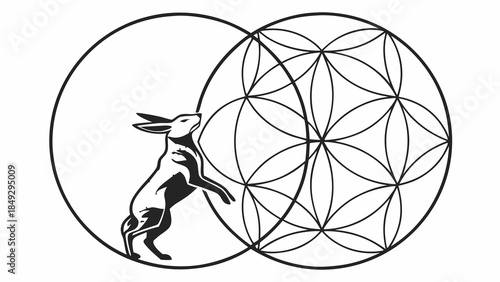 Symbolic Rabbit and Flower of Life Geometric Pattern in Overlapping Circles. Black and White Illustration.