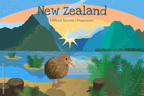 Iconic New Zealand kiwi bird in Milford Sound, Fiordland National Park, South island. New Zealand postcard series, greeting card horizontal layout. Vector illustration.	