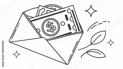 Money in envelope with leaves and stars line art illustration. Financial growth, payment, bonus, or savings concept.