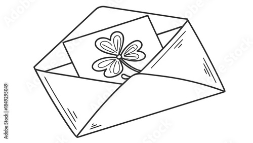 Open envelope with lucky four-leaf clover card. Hand-drawn line art illustration symbolizing good fortune and greetings.