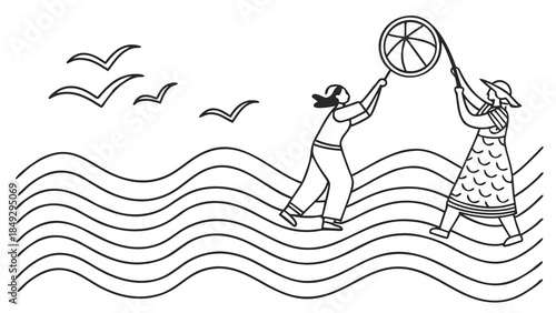 Teamwork in water: Two figures reaching for a floating object amidst waves, simple line illustration.