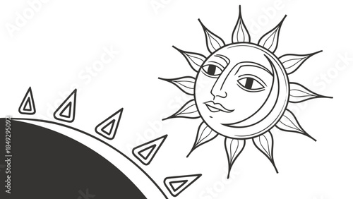Celestial Sun Face Shining on Planet with Rays - Black & White Line Art Illustration