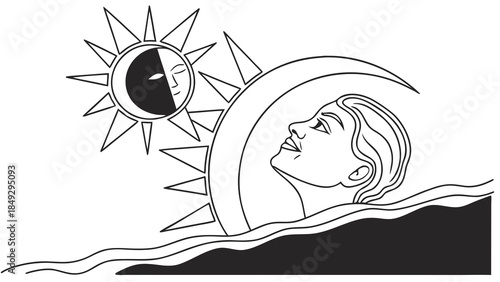 Celestial Duality: Woman's Profile with Sun and Moon in Black and White Line Art Illustration