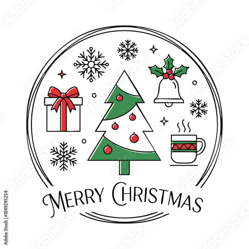 Hand-drawn minimalist Christmas line art illustration with sketchy circular frame, tree with red baubles, gift, bell with holly, steaming mug and snowflakes, “Merry Christmas” script text, flat vector