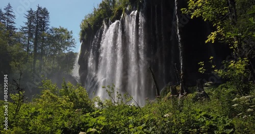 4K left to right panning motion of waterfall in Plitvice Lakes, oldest and largest national parks in Croatia,  1979, Plitvice Lakes added to UNESCO World Heritage list,Lika-Senj County, Croatia,Europe