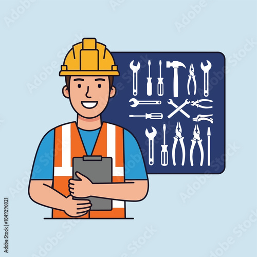 Construction Worker Holding Tablet with Tools.