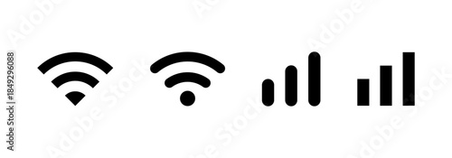 WiFi and mobile signal icons in minimal black style, Wireless connection symbol set, Network strength indicators, Internet connectivity UI icons, Communication signal graphics, Vector illustration.