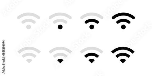 WiFi signal icons set, wireless connection symbols, internet strength indicators, network status icons, WiFi connectivity graphics, Vector illustration.