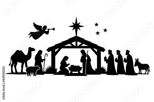Black silhouette vector artwork of a Nativity scene set against a solid white background