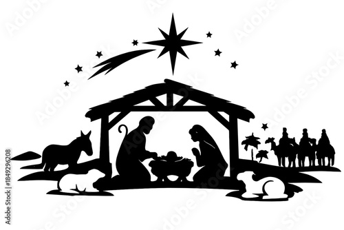 Vector illustration of a nativity scene silhouette featuring the Star of Bethlehem, suitable for Christmas cards, holiday décor, and religious marketing materials