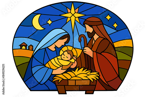 A stained‑glass artwork illustrating the Nativity with Mary, Joseph, and baby Jesus, intended for religious illustration, holiday greeting cards, and church décor