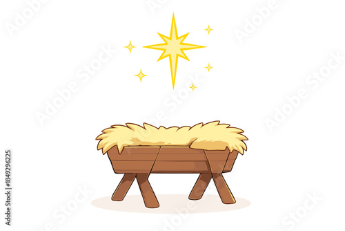 A nativity scene idea featuring an empty wooden manger topped by a single luminous star