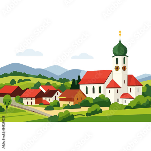 A view of the village, including the Oberdorf quarter and the Catholic parish church of the Nativity of the Virgin, located in Sins, Freiamt, Canton Aargau, Switzerland