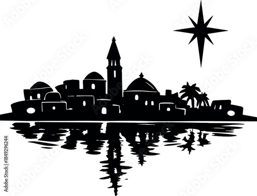 Vector ink sketch illustration of a Bethlehem town silhouette, featuring a church tower and a reflected Christmas star