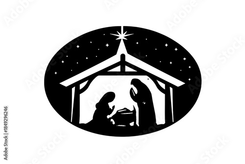 A black oval silhouette depicts the nativity scene, showing Mary, Joseph, and baby Jesus beneath a stable roof, with a church steeple and a starry sky silhouette