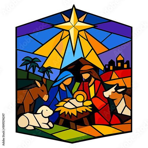 A stylized nativity scene rendered in vivid, fractured stained glass, featuring a star overhead, intended as a concept for church décor, religious artwork, and holiday window displays