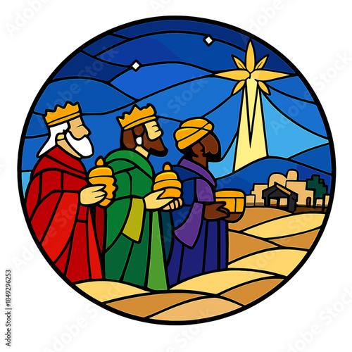 A stained‑glass window illustrating the Three Wise Men following the Star of Bethlehem, a religious nativity scene for church décor