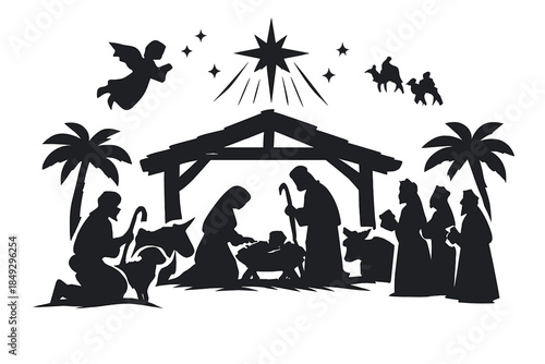 Silhouette illustration of a Christian Christmas nativity scene, depicting the birth of Christ with baby Jesus in a manger