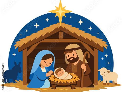 A wooden nativity set featuring Mary, Joseph, and baby Jesus in a stable set against a star-lit blue backdrop, capturing the spirit of Christmas, Christianity, and spirituality