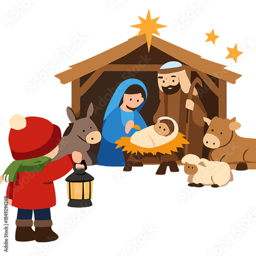 A child holding a lantern gazes at a nativity scene, where the Holy Family represents Jesus' birth for the Christian Christmas celebration, depicting a biblical moment