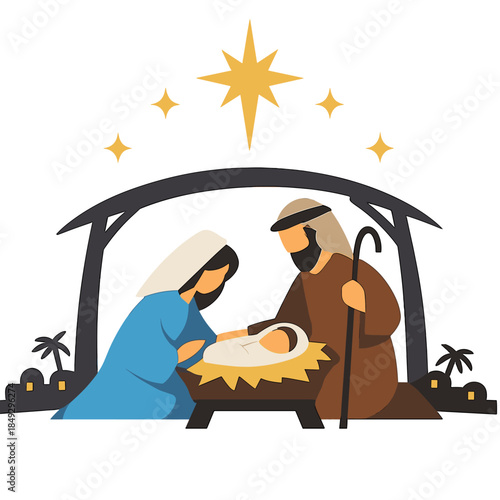 A minimalist nativity illustration featuring Mary, Joseph, and baby Jesus beneath the Bethlehem star, celebrating faith, hope, and the holy night
