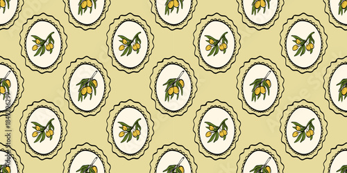 Seamless olive branch pattern with green leaves and a clean Mediterranean look. Designed for food packaging, menu backgrounds, and natural cuisine branding