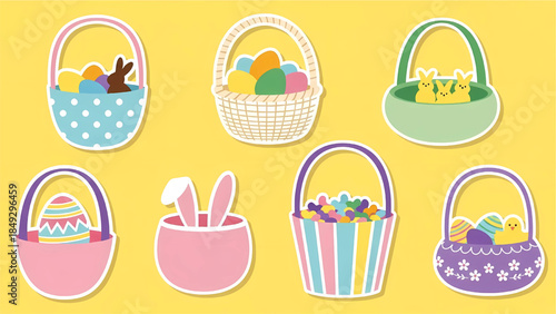 Selection of seven Easter basket stickers filled with eggs, bunnies, chicks, and colorful candies.
