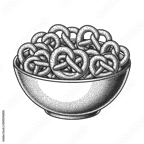 bowl full of pretzels in retro halftone style, snack illustration