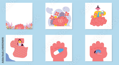 Mental health concept illustration set. People, hands, brain and self care symbols showing emotional support, therapy, rest and wellbeing. Modern flat design for psychology, healthcare, education and 