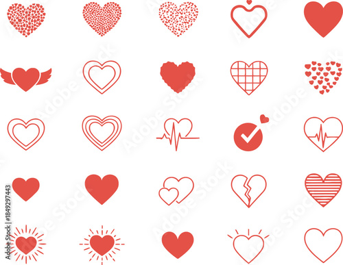 Valentine icons, Red hearts icons set ,heart drawn hand on a clean white background 10