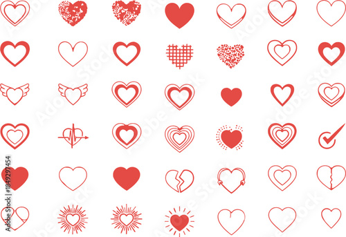 Valentine icons, Red hearts icons set ,heart drawn hand on a clean white background 9