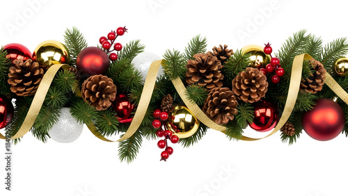 Festive Christmas Garland: Pinecones, Red Berries & Baubles Decor.