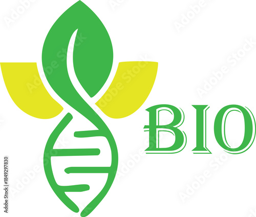 Bio technology logo with DNA helix and leaf representing organic science and life isolated on white background