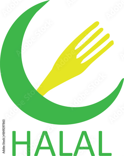 Halal food symbol crescent moon with fork and text representing Islamic dietary laws for restaurants and food products