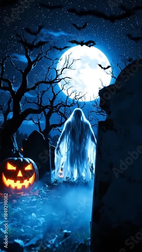 Glowing carved pumpkin against full moon night sky with bats flying spooky graveyard scene