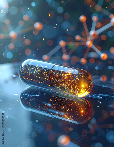 A small, translucent pill sits on a glass surface reflecting an intricate network of interconnected biological data points.