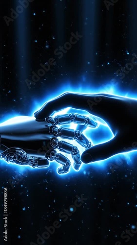 Human and robotic hands touching in a high tech illuminated illustration abstract concept