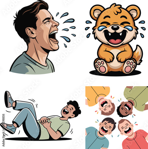 Hysterical laughing cartoon people and crying tiger funny set
